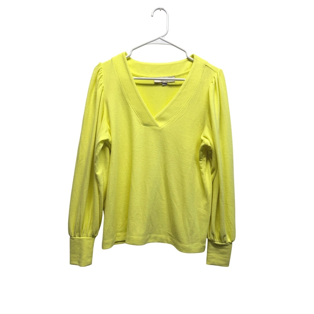LOFT Yellow V-Neck Puff Sleeve Knit Top Long Sleeve Ribbed Cuffs Medium
